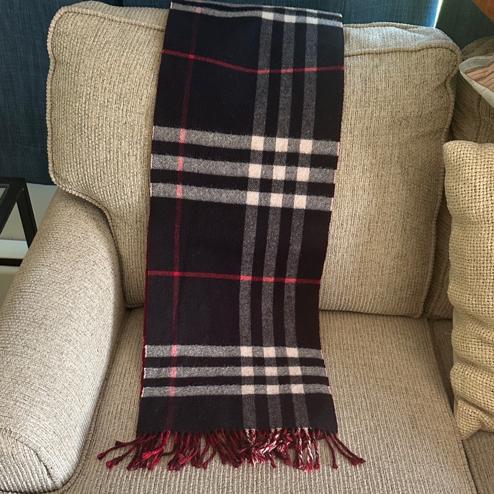 Burberry cashmere blue, cream and Red Check Scarf.